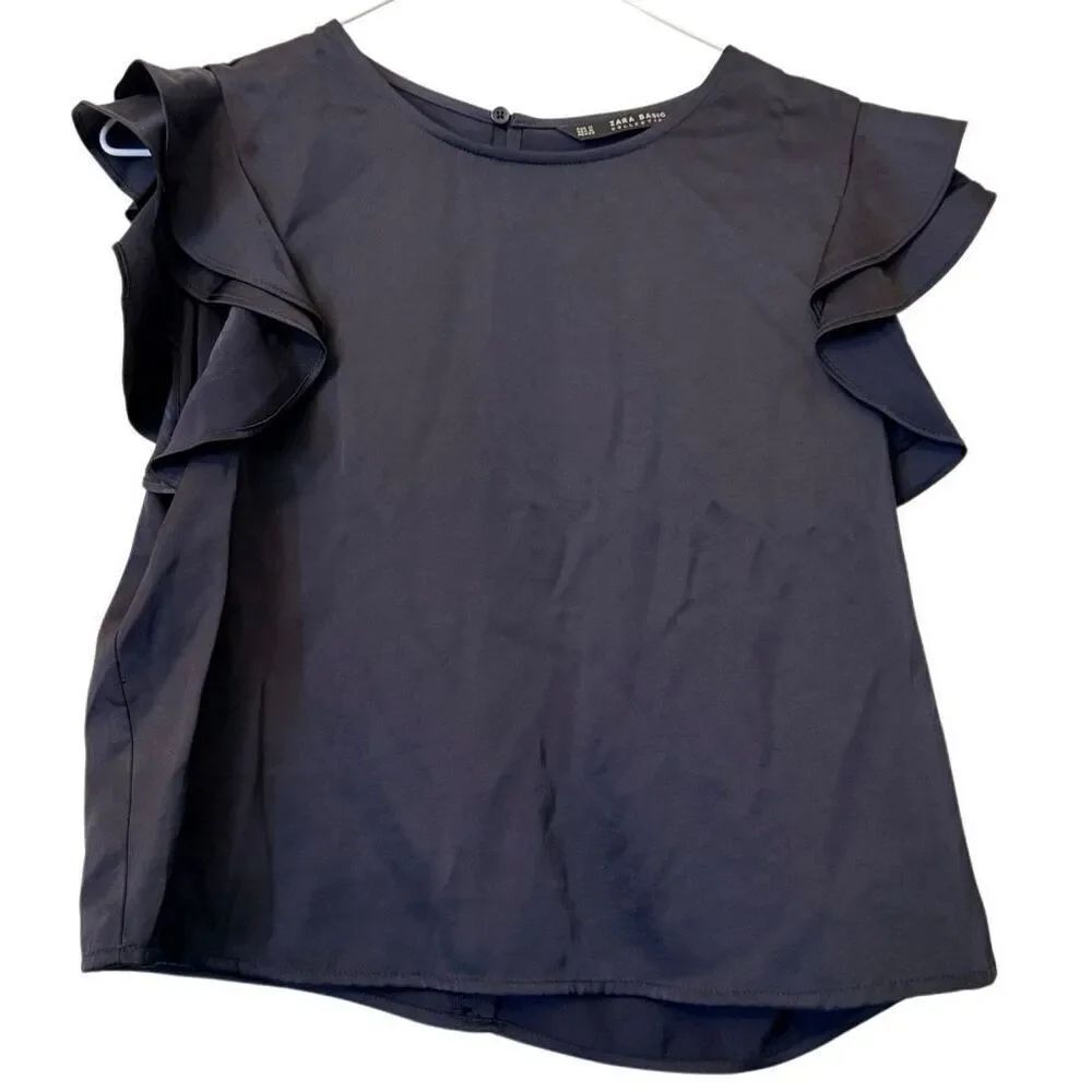 Zara Basic Collection Crew Neck Ruffle Short Sleeve Blouse Black Size Medium